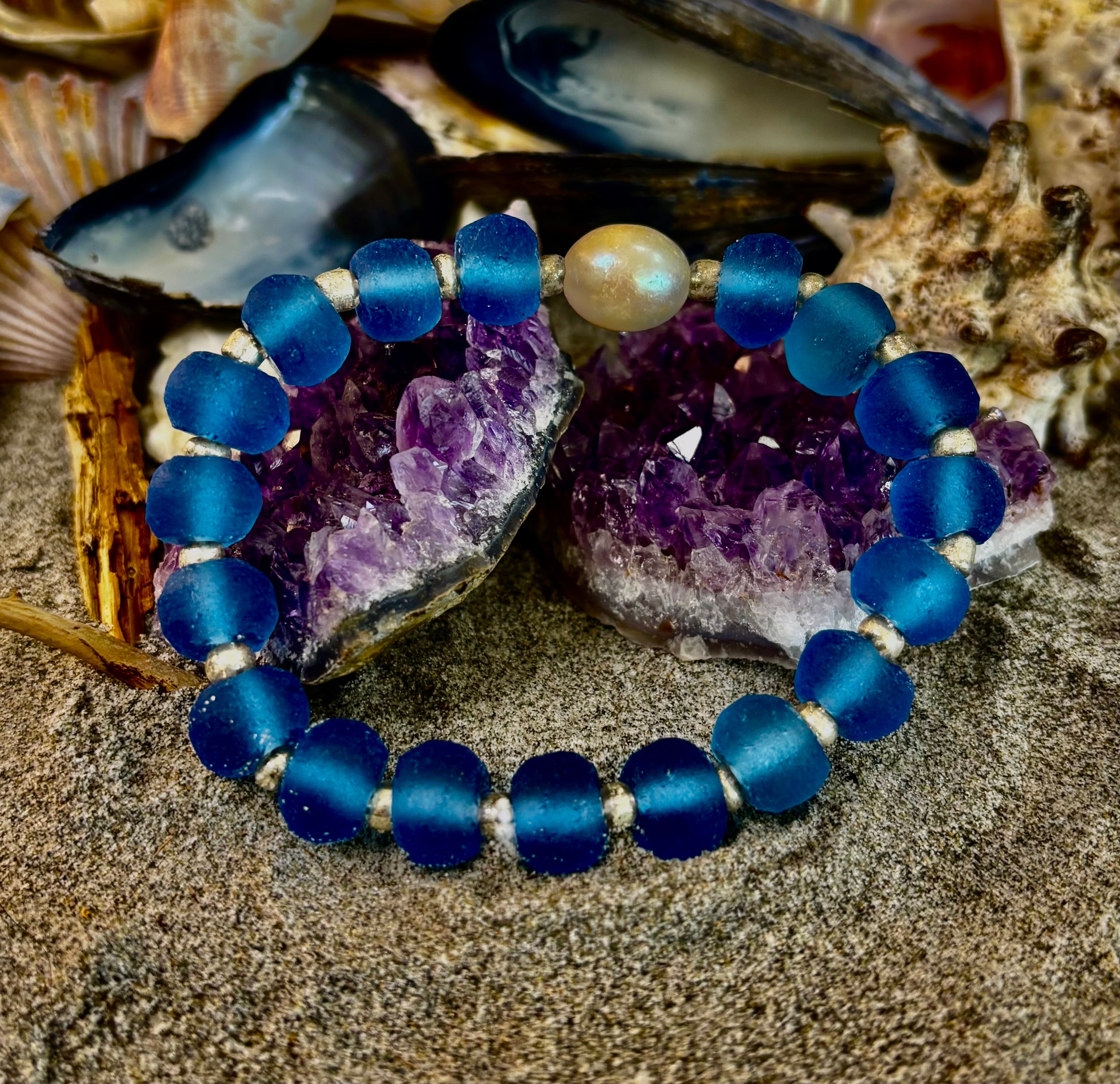 Moonlit Tide Bracelet - Recycled Glass & Freshwater Pearl Stretch Bracelet