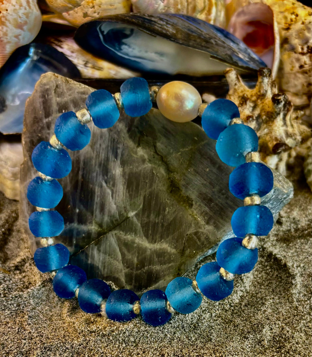 Moonlit Tide Bracelet - Recycled Glass & Freshwater Pearl Stretch Bracelet