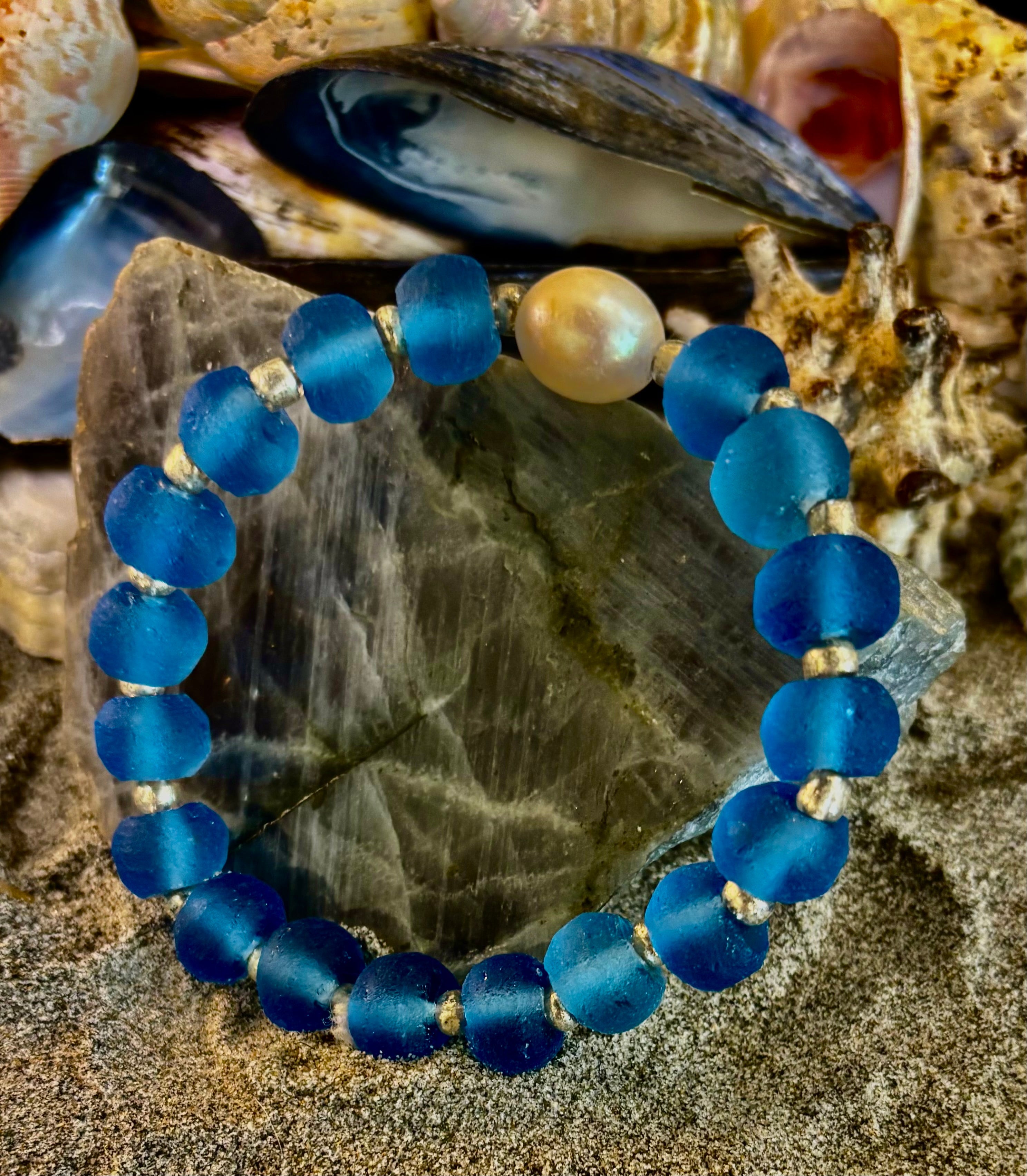 Moonlit Tide Bracelet - Recycled Glass & Freshwater Pearl Stretch Bracelet
