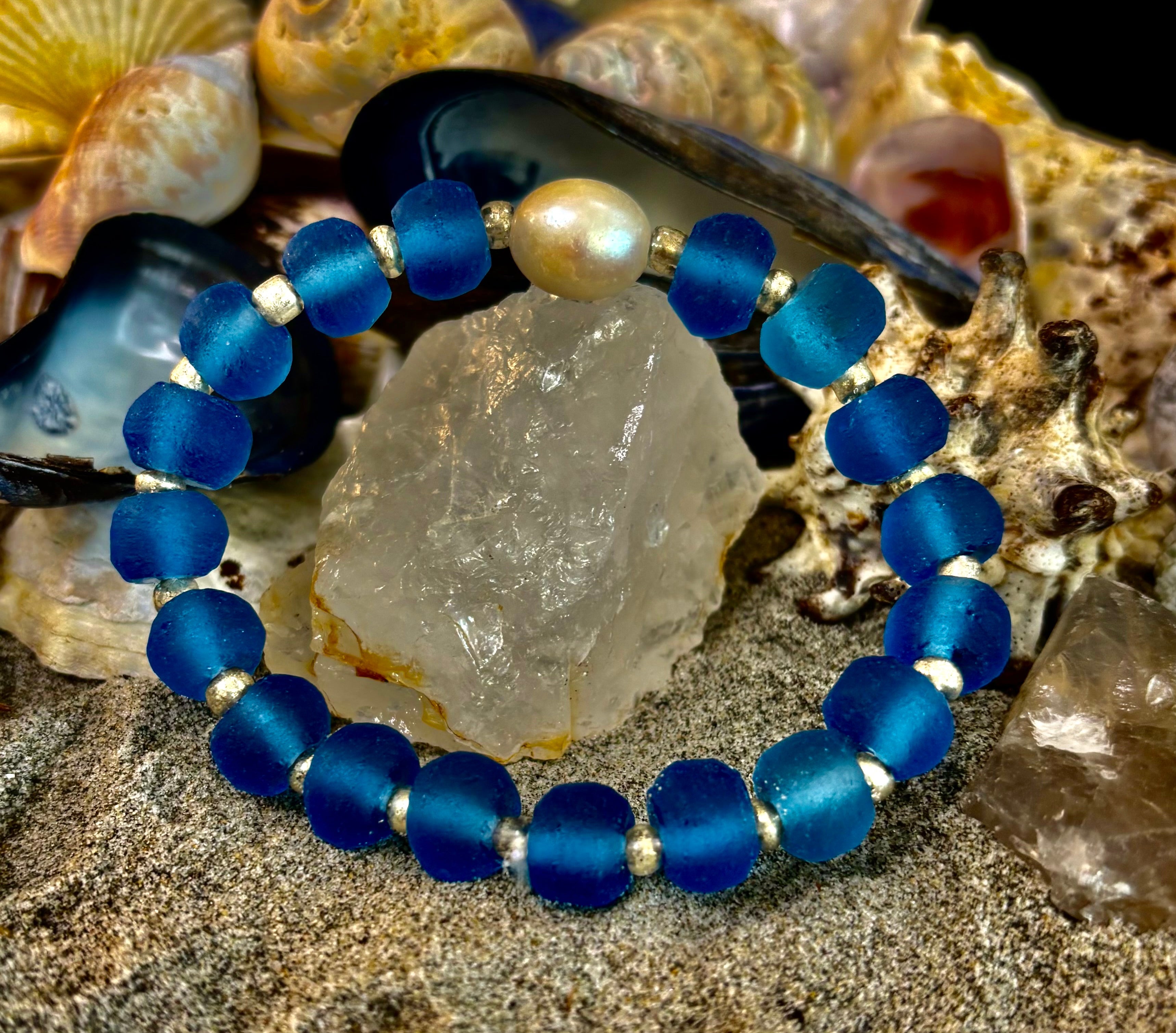 Moonlit Tide Bracelet - Recycled Glass & Freshwater Pearl Stretch Bracelet