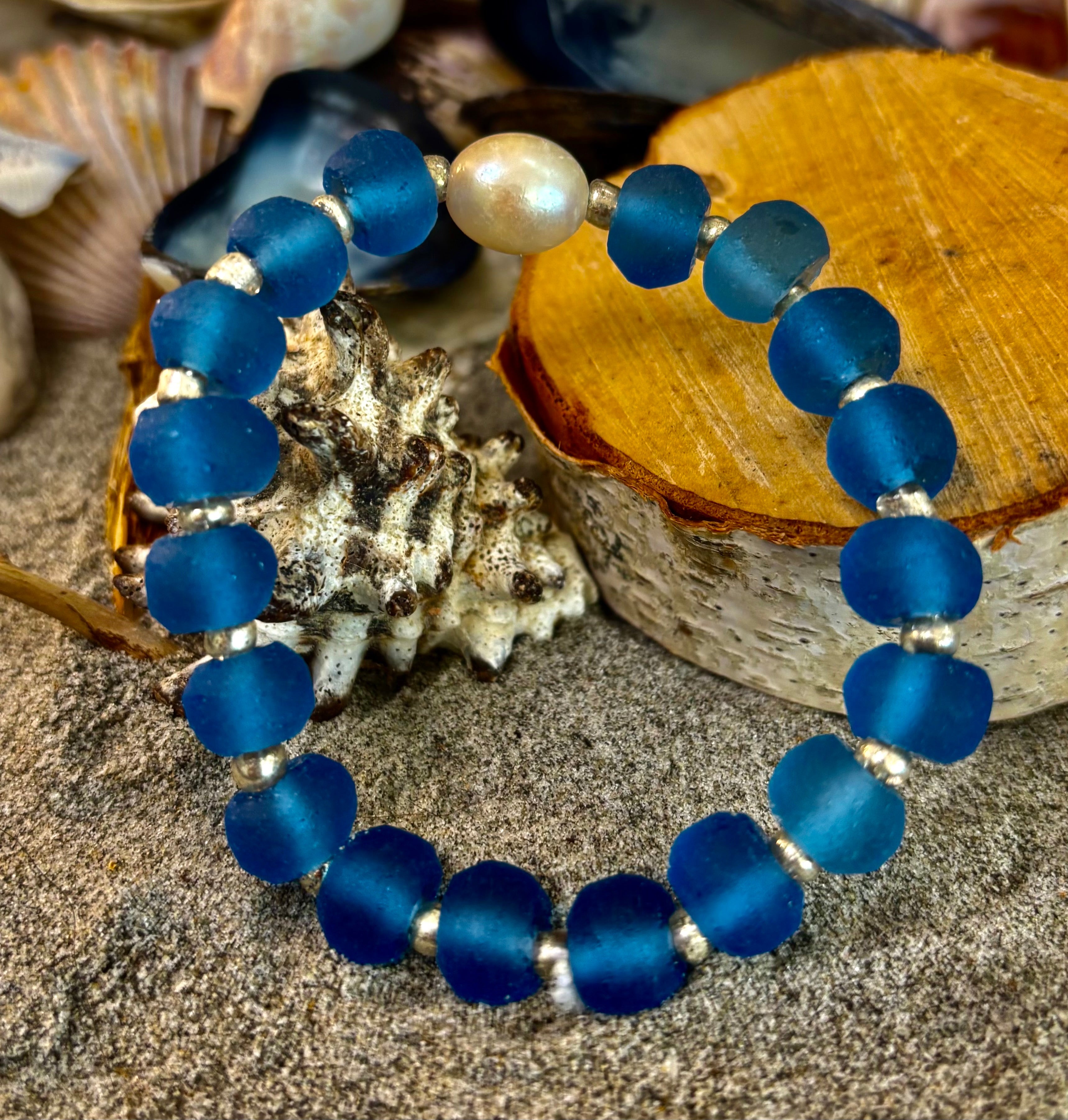 Moonlit Tide Bracelet - Recycled Glass & Freshwater Pearl Stretch Bracelet