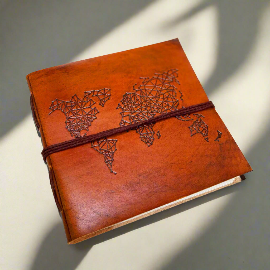 World Map 7x7 Artist Handmade Leather Journal | Journal | Wiccan Center