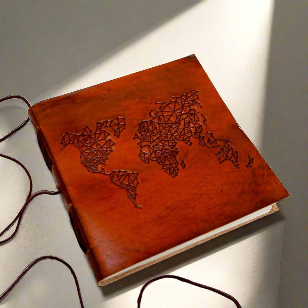 World Map 7x7 Artist Handmade Leather Journal | Journal | Wiccan Center