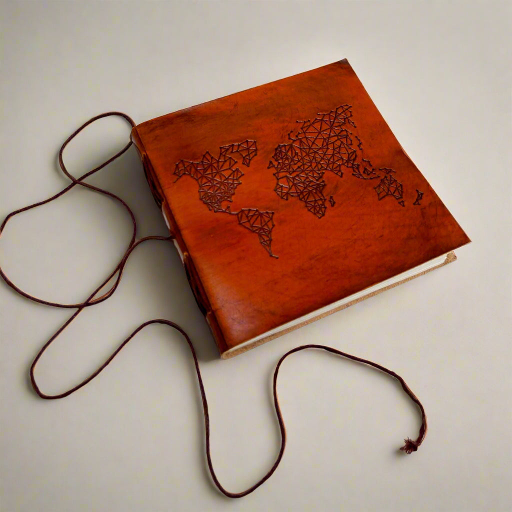 World Map 7x7 Artist Handmade Leather Journal | Journal | Wiccan Center