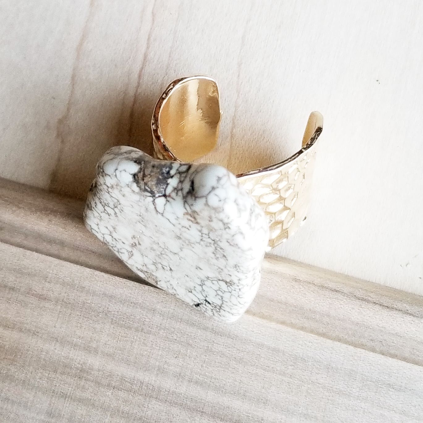 Chunky White Turquoise Slab on Hammered Gold Cuff RingBase 012s | Ring | Wiccan Center