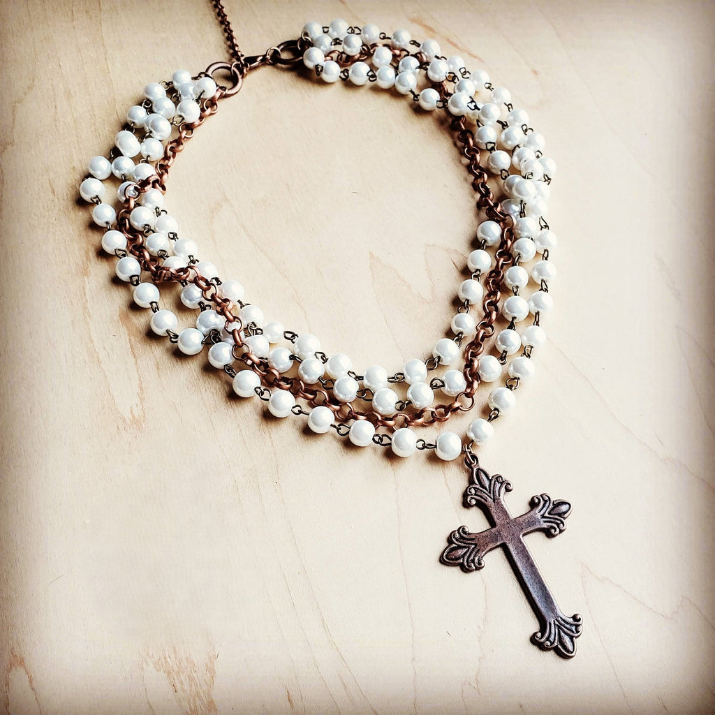 Pearl and Copper Beaded Collar Necklace with Copper Cross 114G | Necklace | Wiccan Center