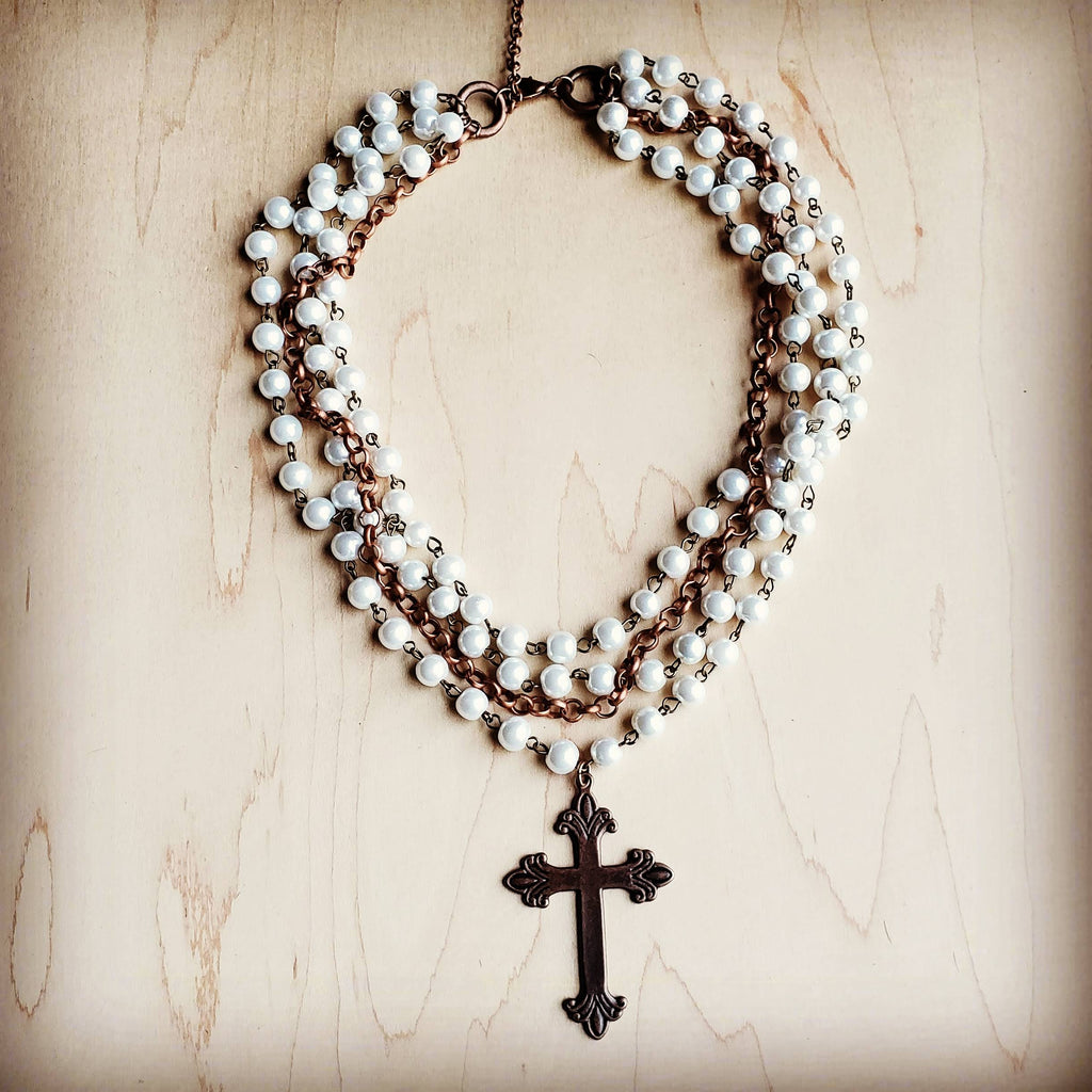 Pearl and Copper Beaded Collar Necklace with Copper Cross 114G | Necklace | Wiccan Center