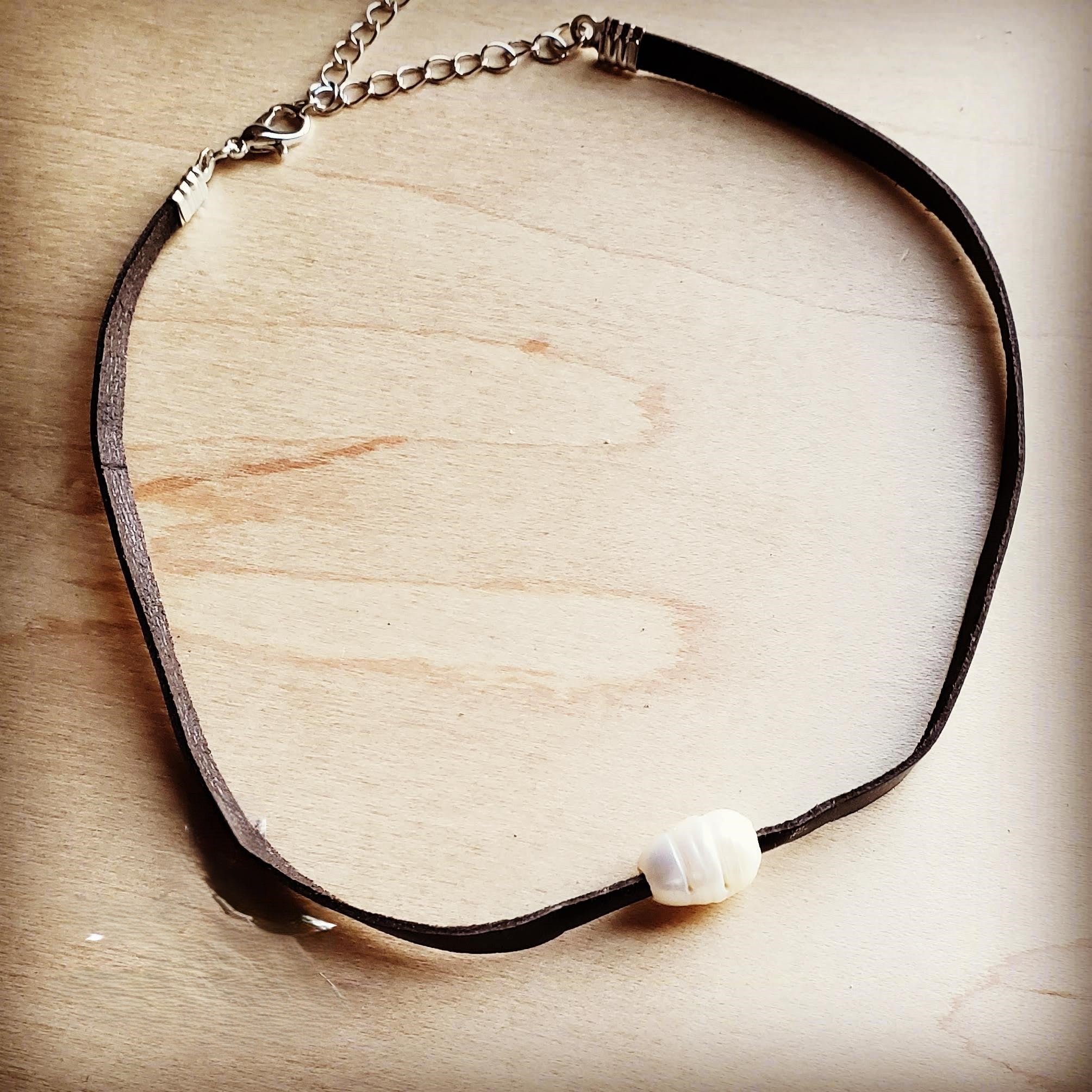 Floating Pearl on Brown Leather Choker Necklace 229R | Necklace | Wiccan Center