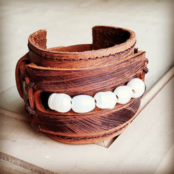 Genuine Leather Wide Cuff with Genuine Freshwater Pearls 004Y | Cuff | Wiccan Center
