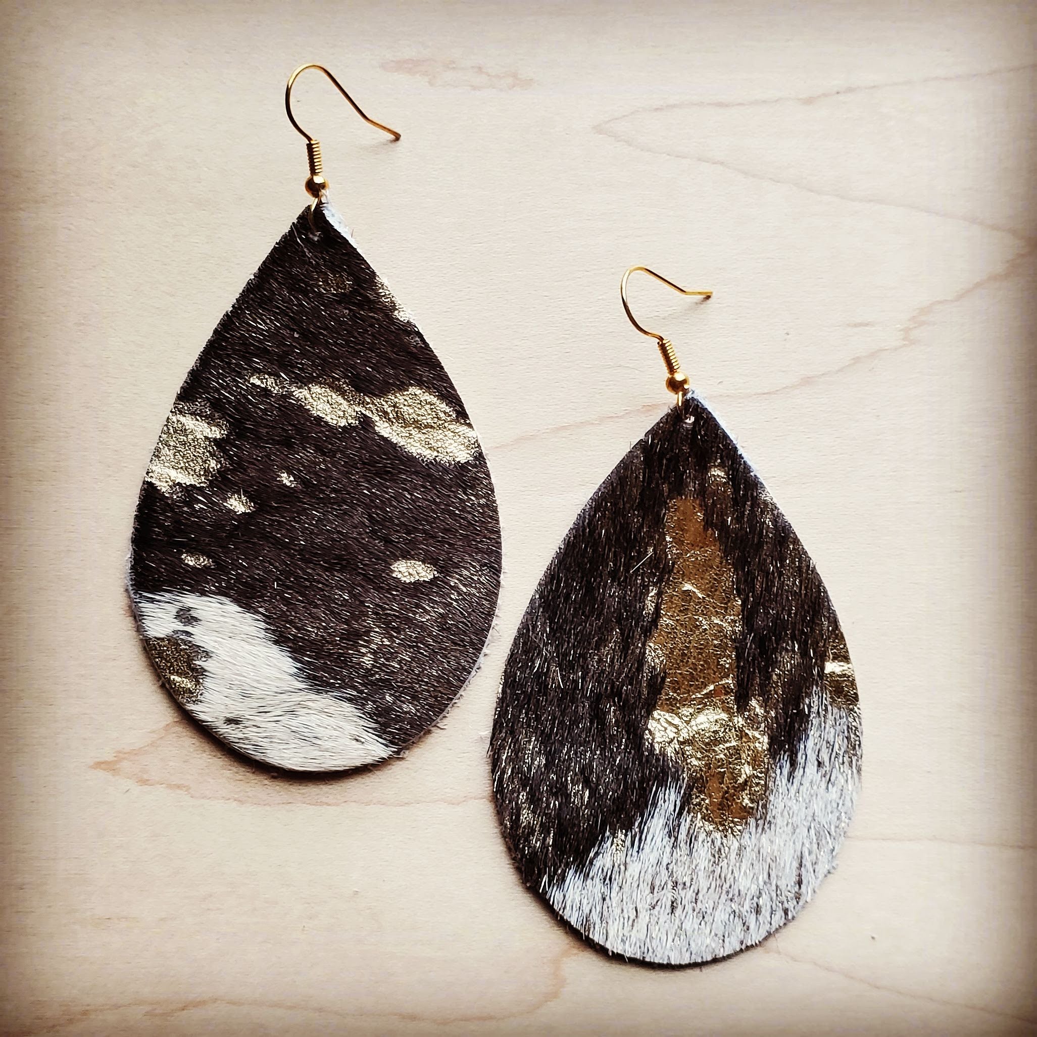 **Leather Teardrop Earrings in Mixed Metallic Hair on Hide 201p | Earrings | Wiccan Center