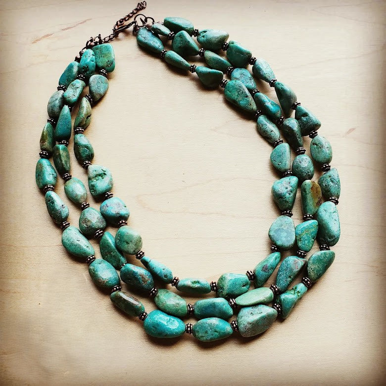 **Large Triple Strand Natural Turquoise & Wood Collar Necklace 252x