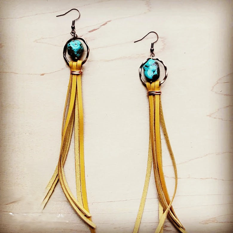 Turquoise Drop Earrings with Leather Tassel-Mustard 206f | Earrings | Wiccan Center