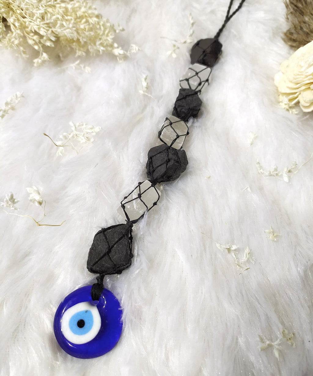Black Tourmaline & Selenite With Evil Eye Crystal Hanger