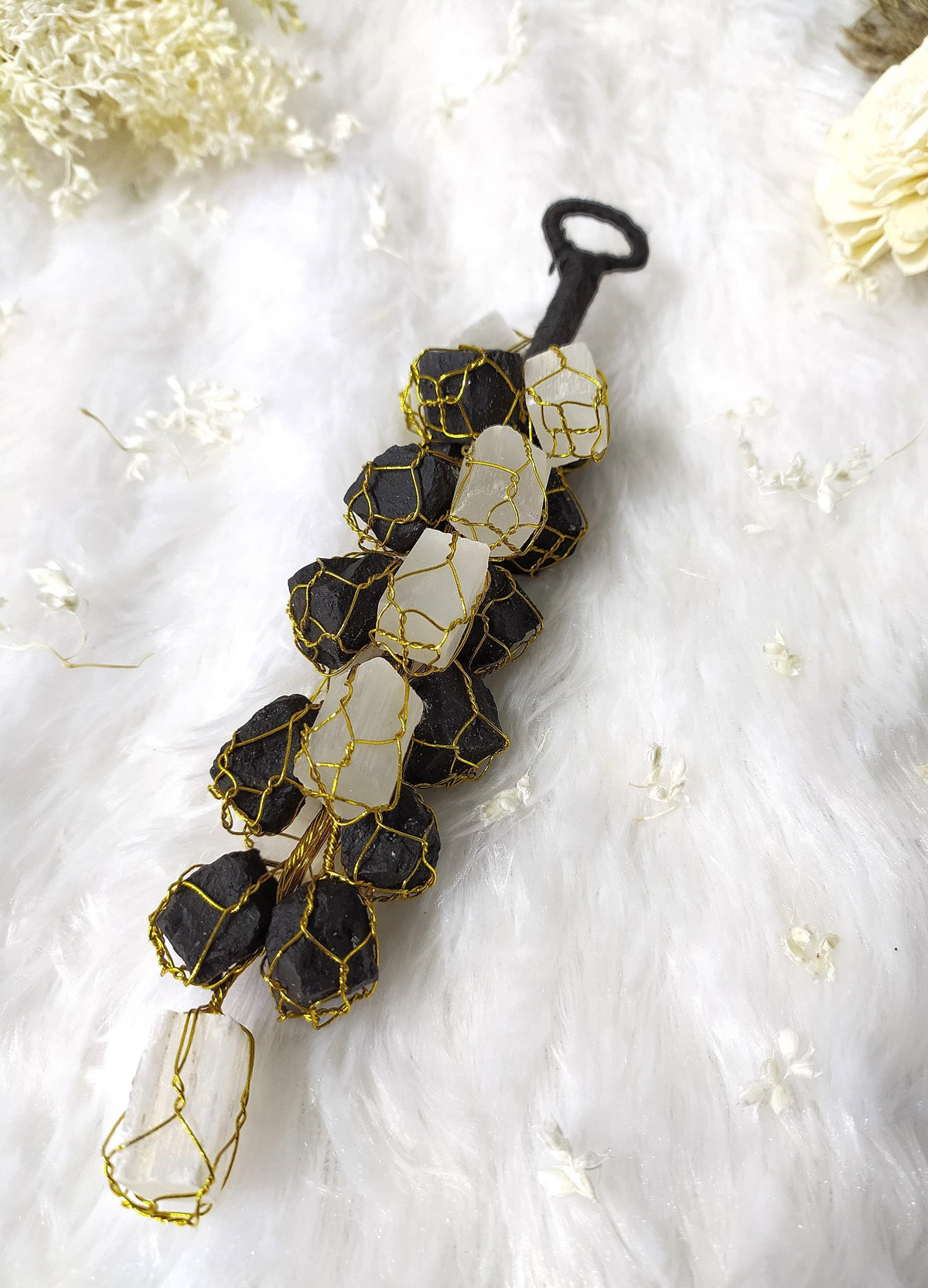 Selenite with Black Tourmaline Hanger, Raw Stones Hanger