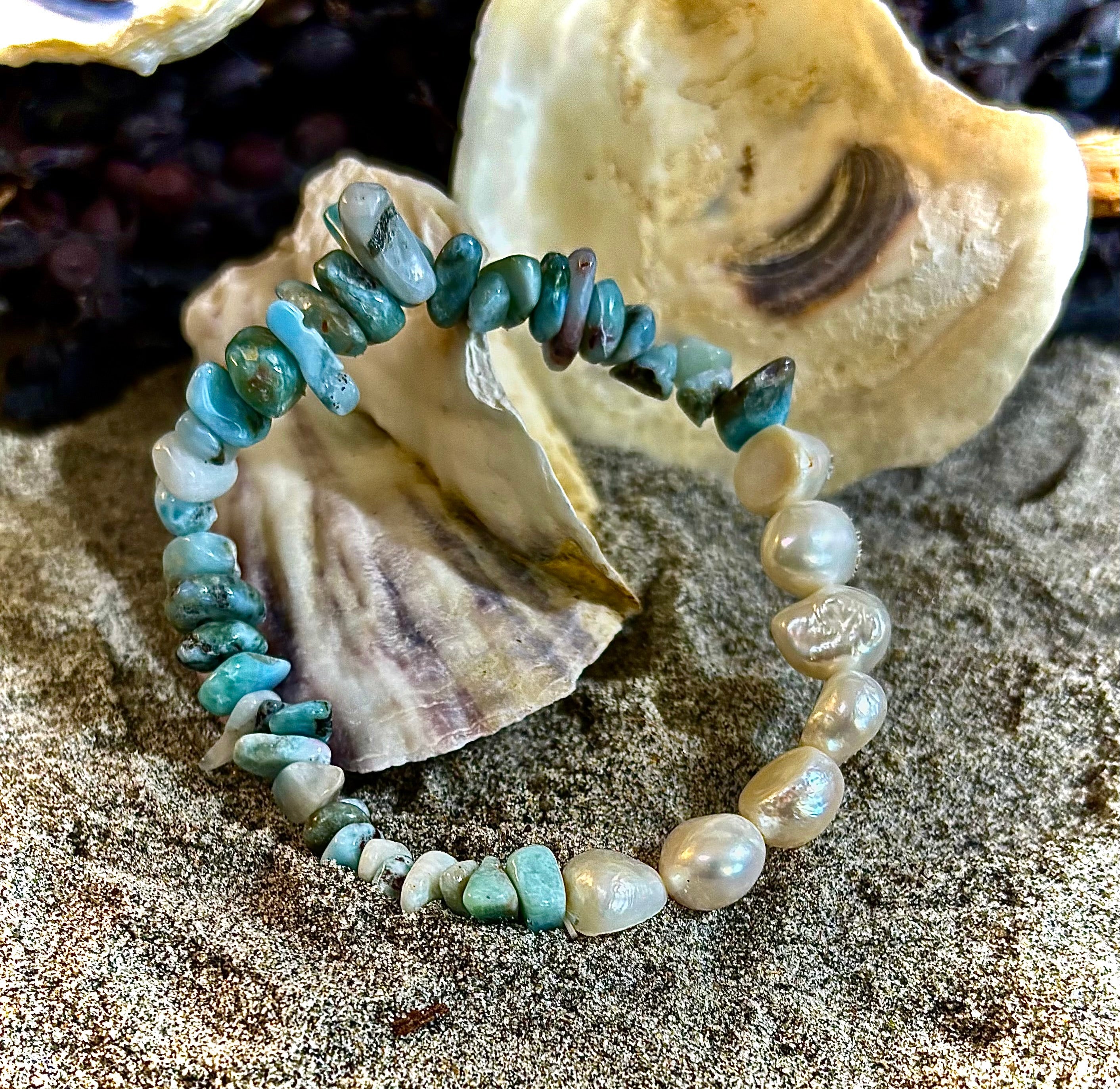 🌊 Mermaid's Treasure Bracelet - Larimar & Cultured Freshwater Pearl Stretch Bracelet