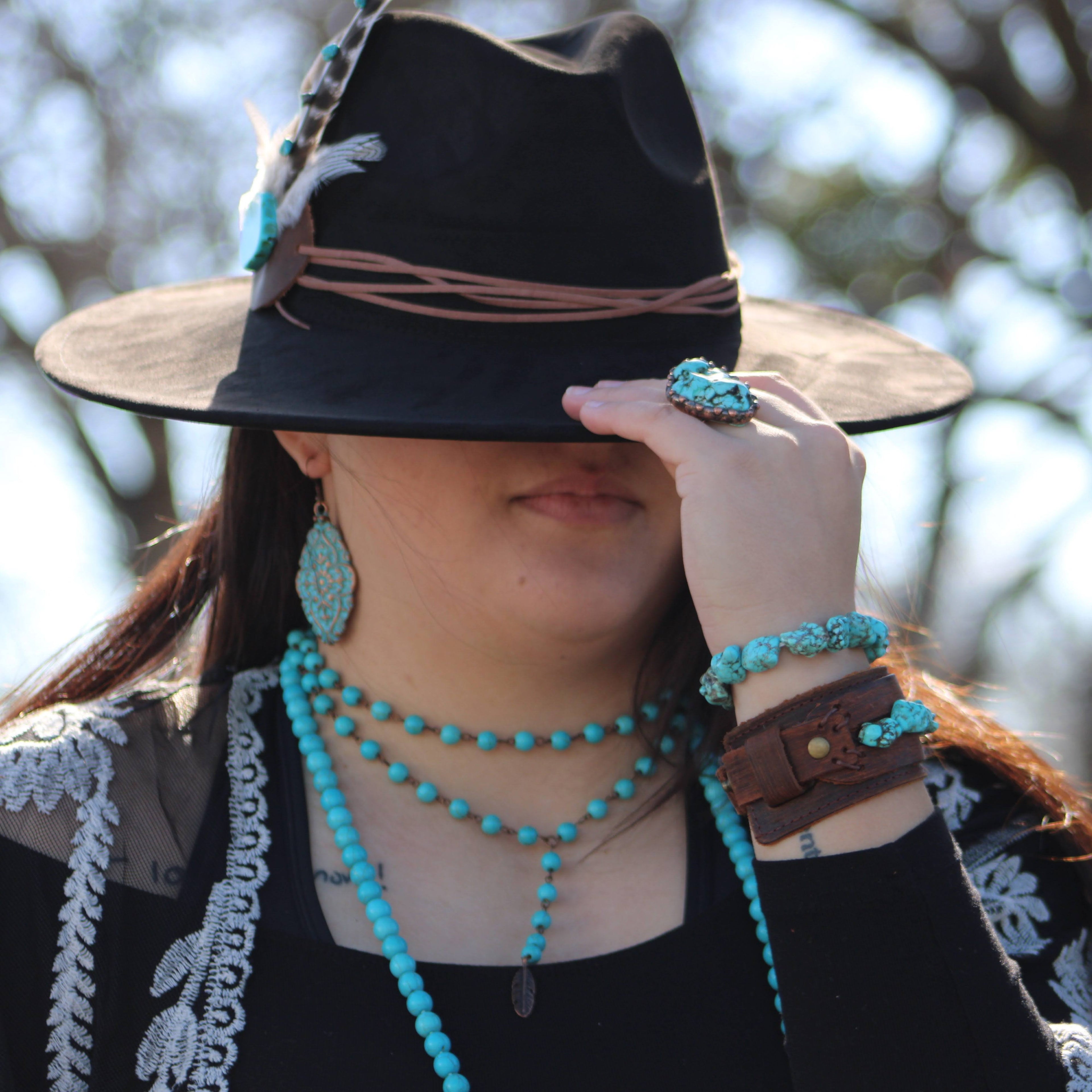 Double Strand Lariat Blue Turquoise Necklace w/ Copper Feather 251e | Necklace | Wiccan Center