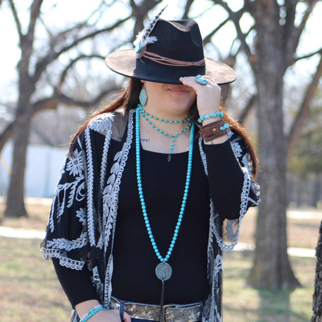 Double Strand Lariat Blue Turquoise Necklace w/ Copper Feather 251e | Necklace | Wiccan Center