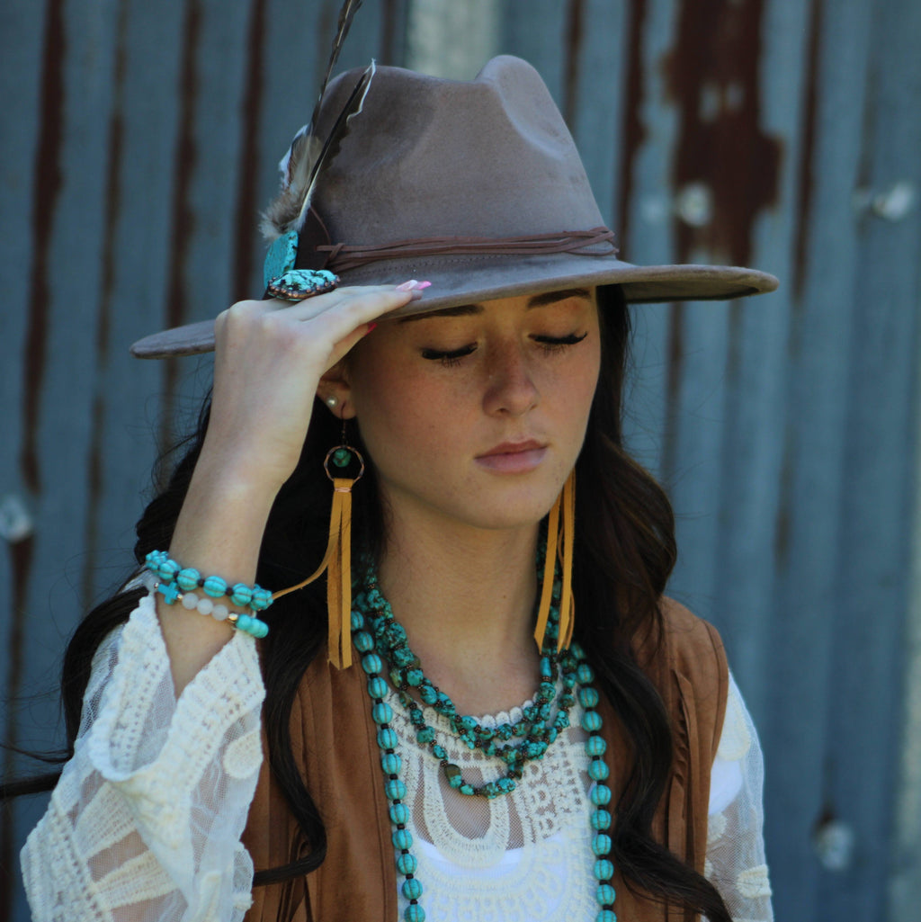 Turquoise Drop Earrings with Leather Tassel-Mustard 206f | Earrings | Wiccan Center