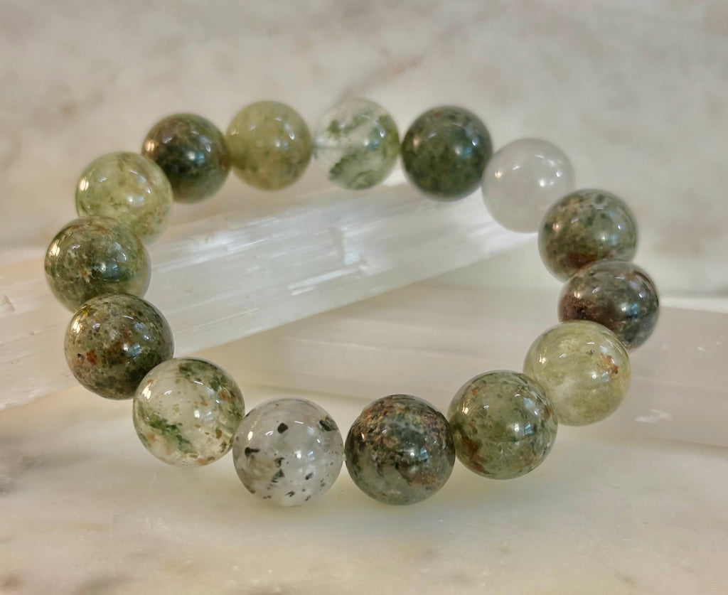 Reiki-Infused Genuine Green Phantom Quartz Statement Bracelet for Growth, Resilience & Wealth Attraction (14mm)
