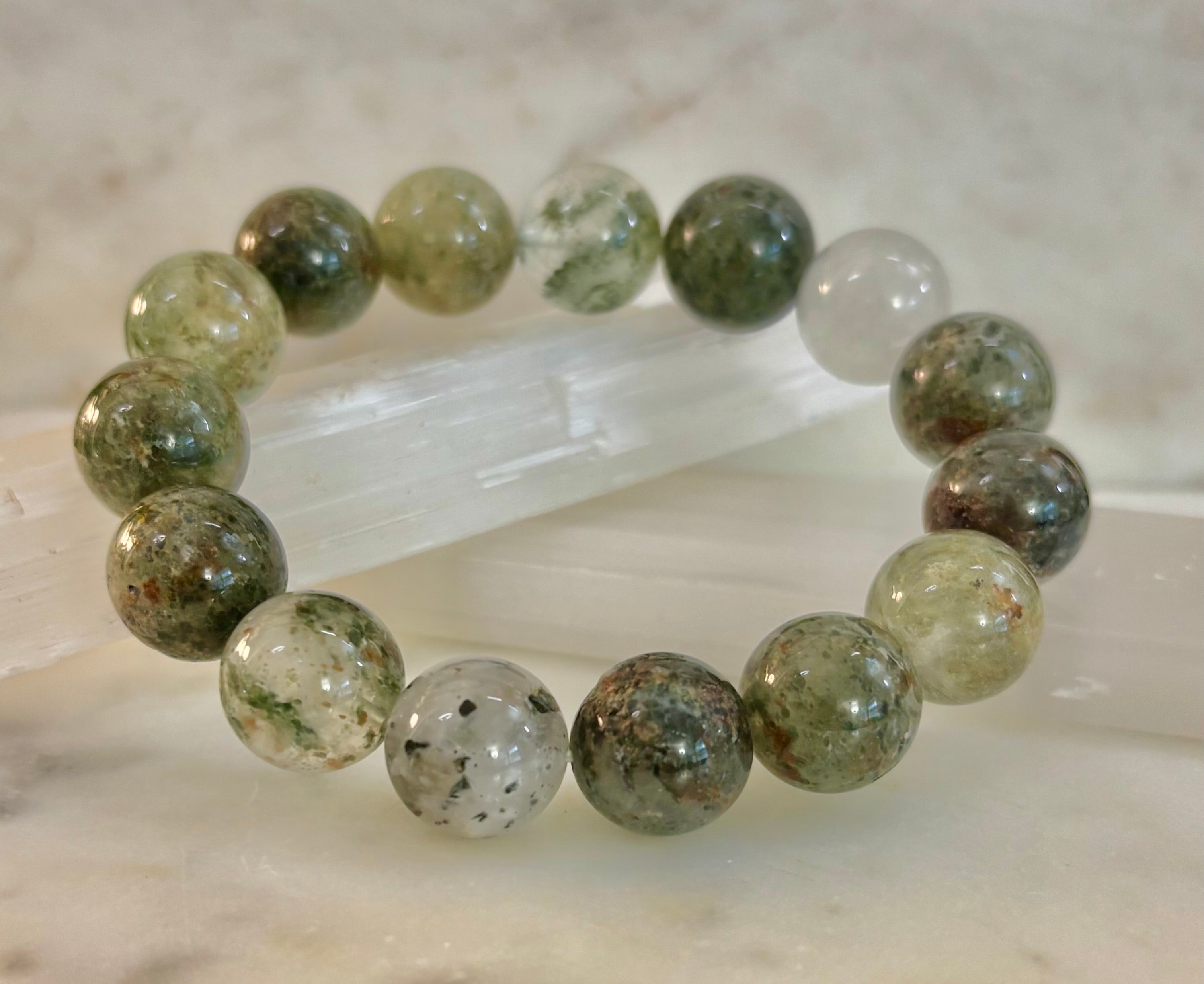 Reiki-Infused Genuine Green Phantom Quartz Statement Bracelet for Growth, Resilience & Wealth Attraction (14mm)