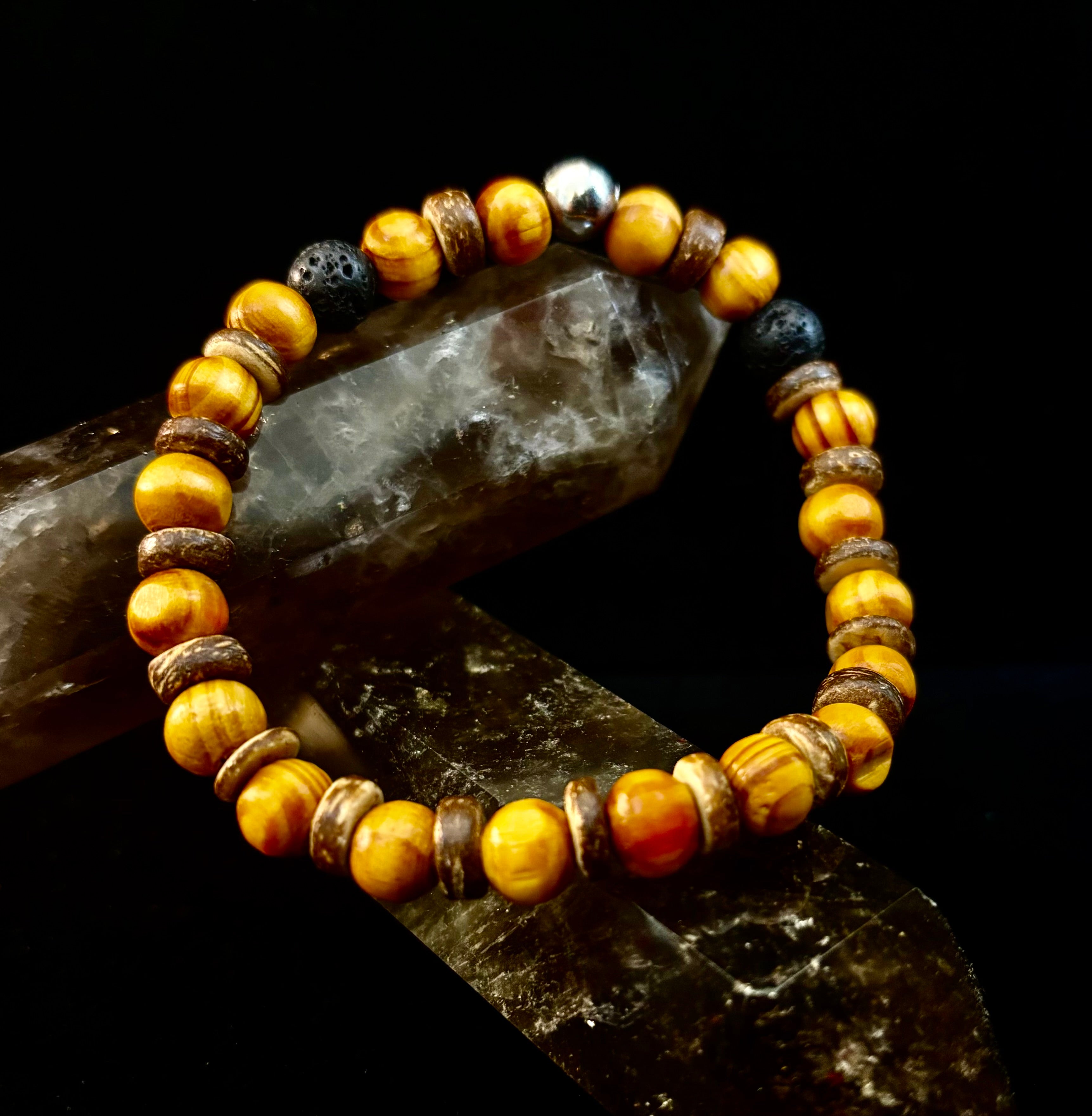 Reiki-Infused Natural Wood & Lava Rock Bracelet with Coconut Shell Spacers for Grounding & Solar Plexus Strength