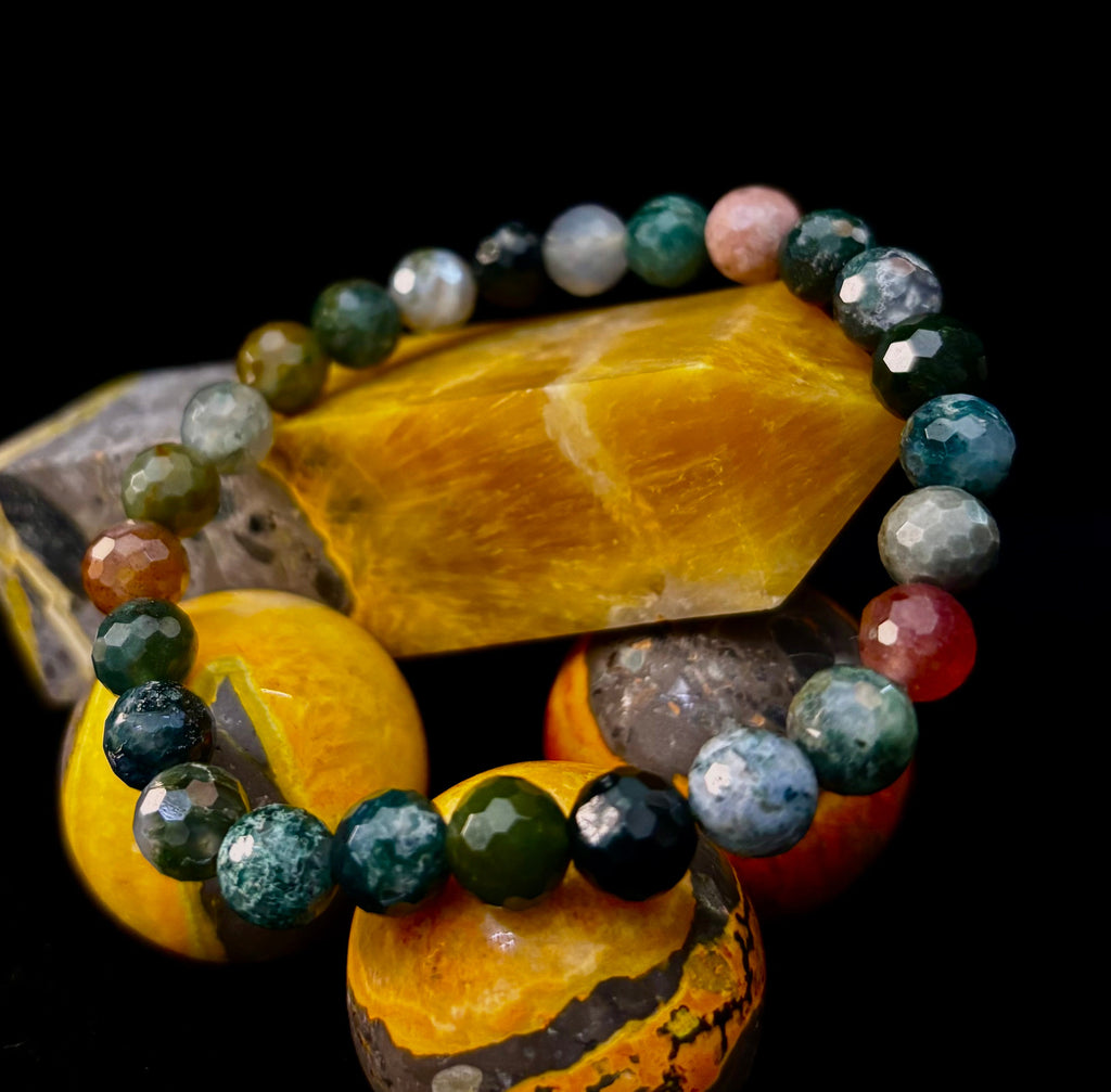 Reiki-Infused Faceted Indian Agate Bracelet for Inner Peace, Grounding & Emotional Harmony (8mm)