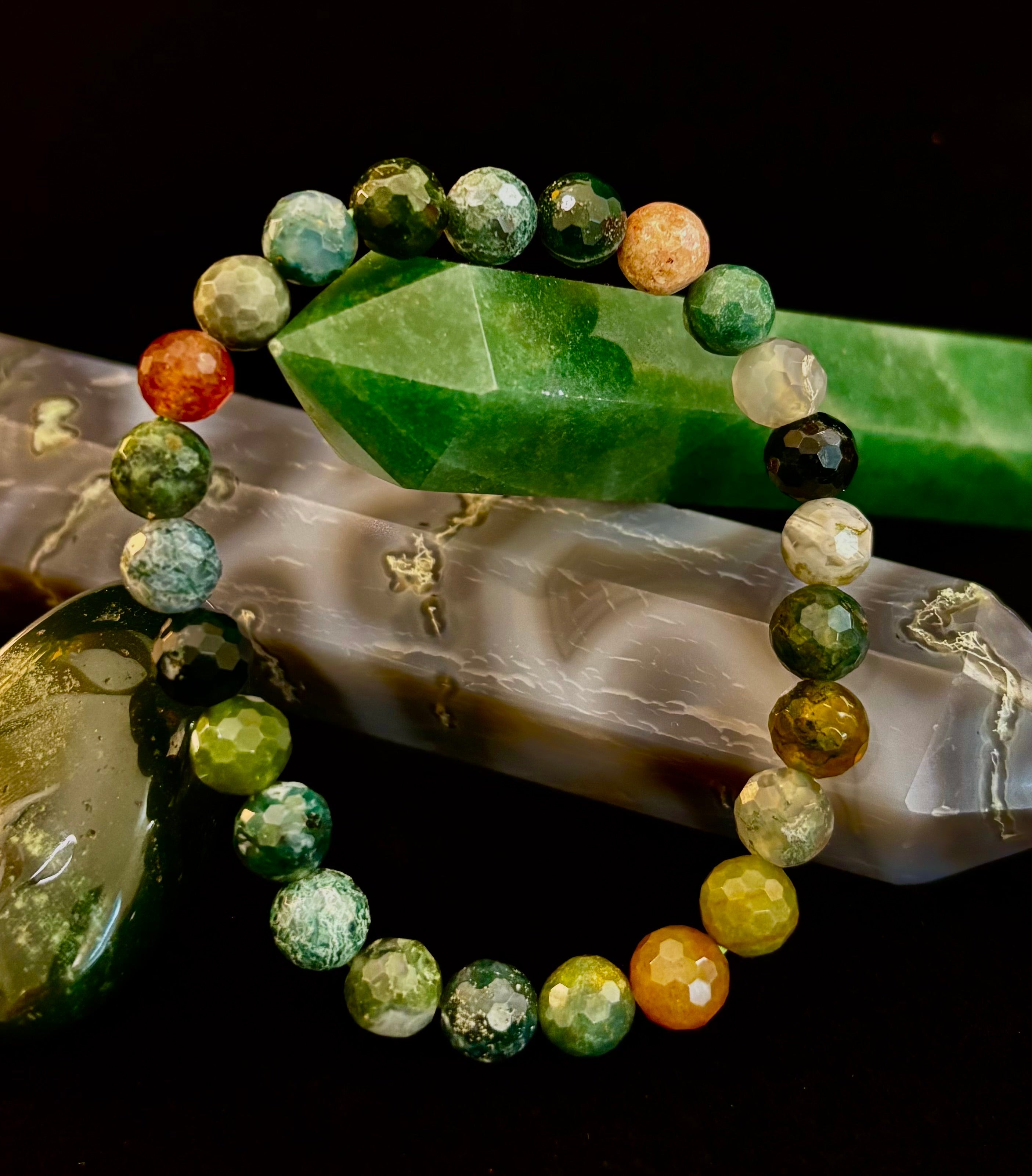 Reiki-Infused Faceted Indian Agate Bracelet for Inner Peace, Grounding & Emotional Harmony (8mm)