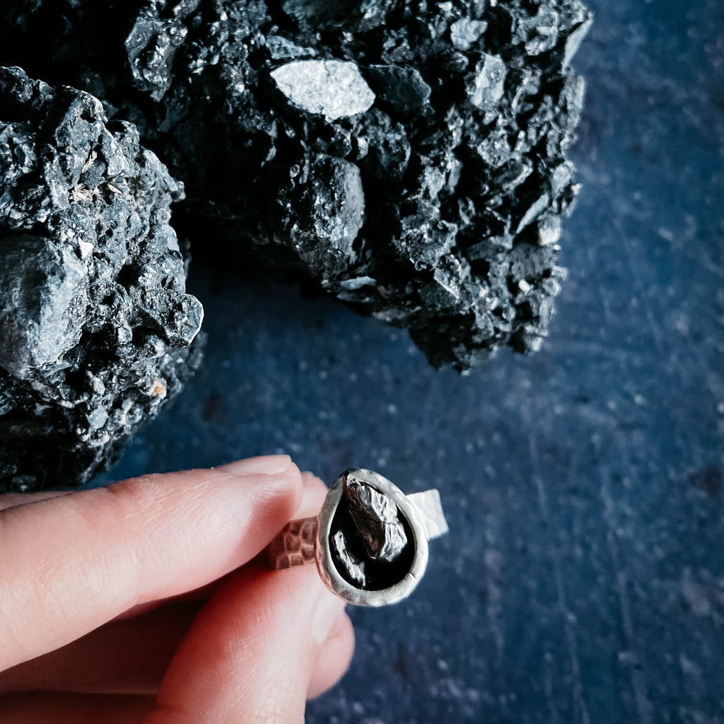 Chunky Teardrop Raw Meteorite Ring in Silver | Ring | Wiccan Center