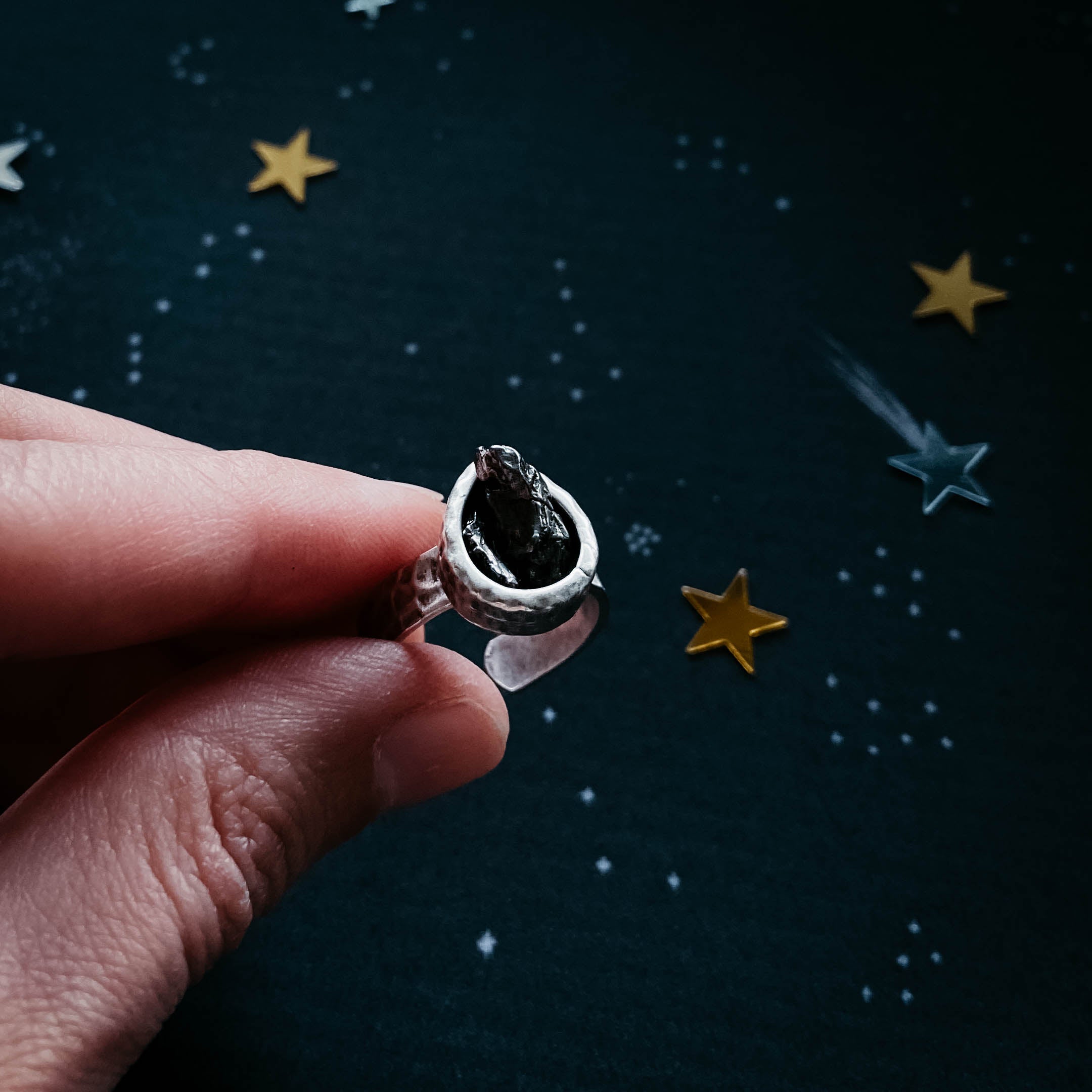 Chunky Teardrop Raw Meteorite Ring in Silver | Ring | Wiccan Center