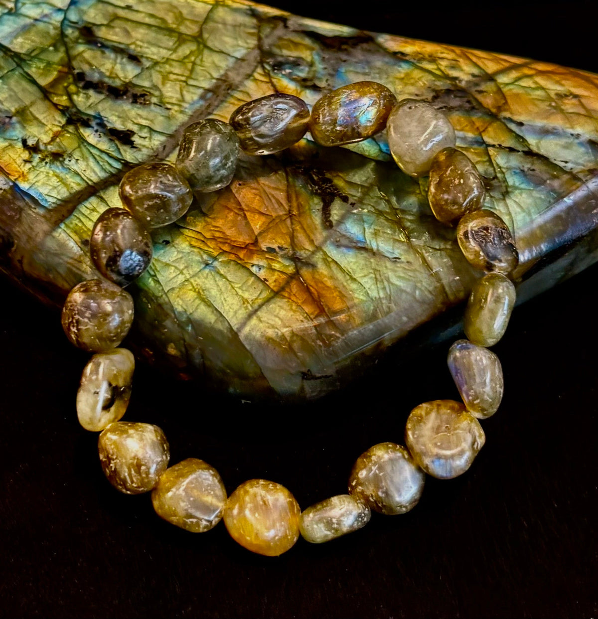 Cosmic Pebble Magic – Tumbled Natural Labradorite Bracelet (10–12mm) | | Wiccan Center