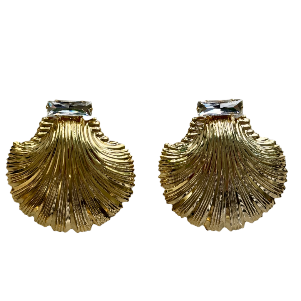 Large Diamond Clear Crystal Gold Shell Earrings