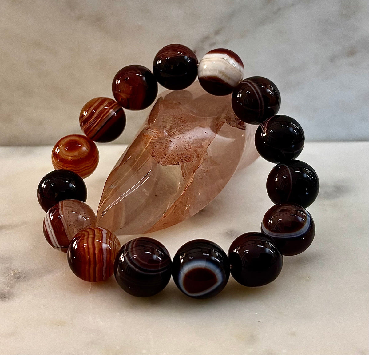 Earth Sentinel: Stunning Striped Agate 13-14mm Crystal Statement Stretch Bracelet | | Wiccan Center