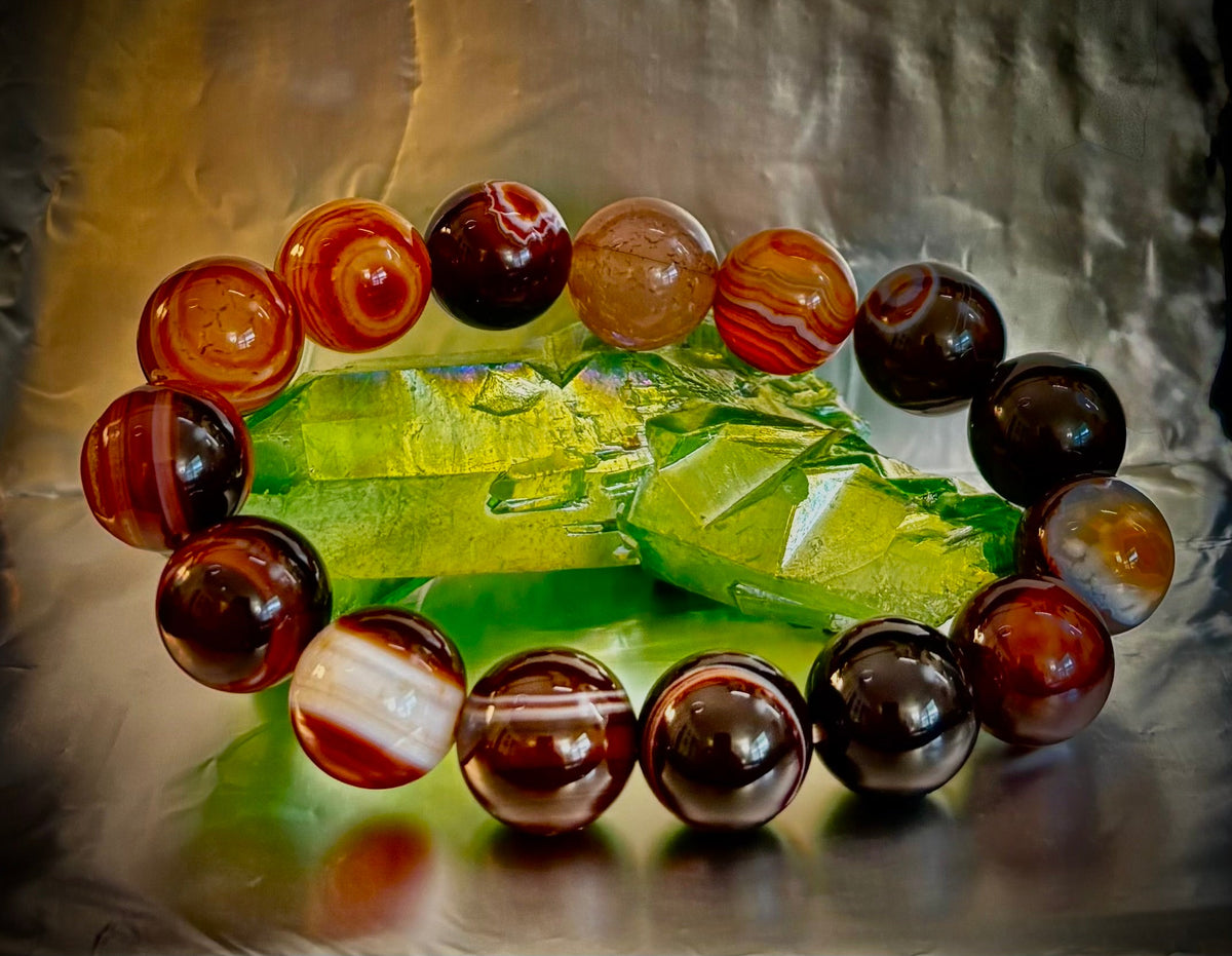 Earth Sentinel: Stunning Striped Agate 13-14mm Crystal Statement Stretch Bracelet | | Wiccan Center