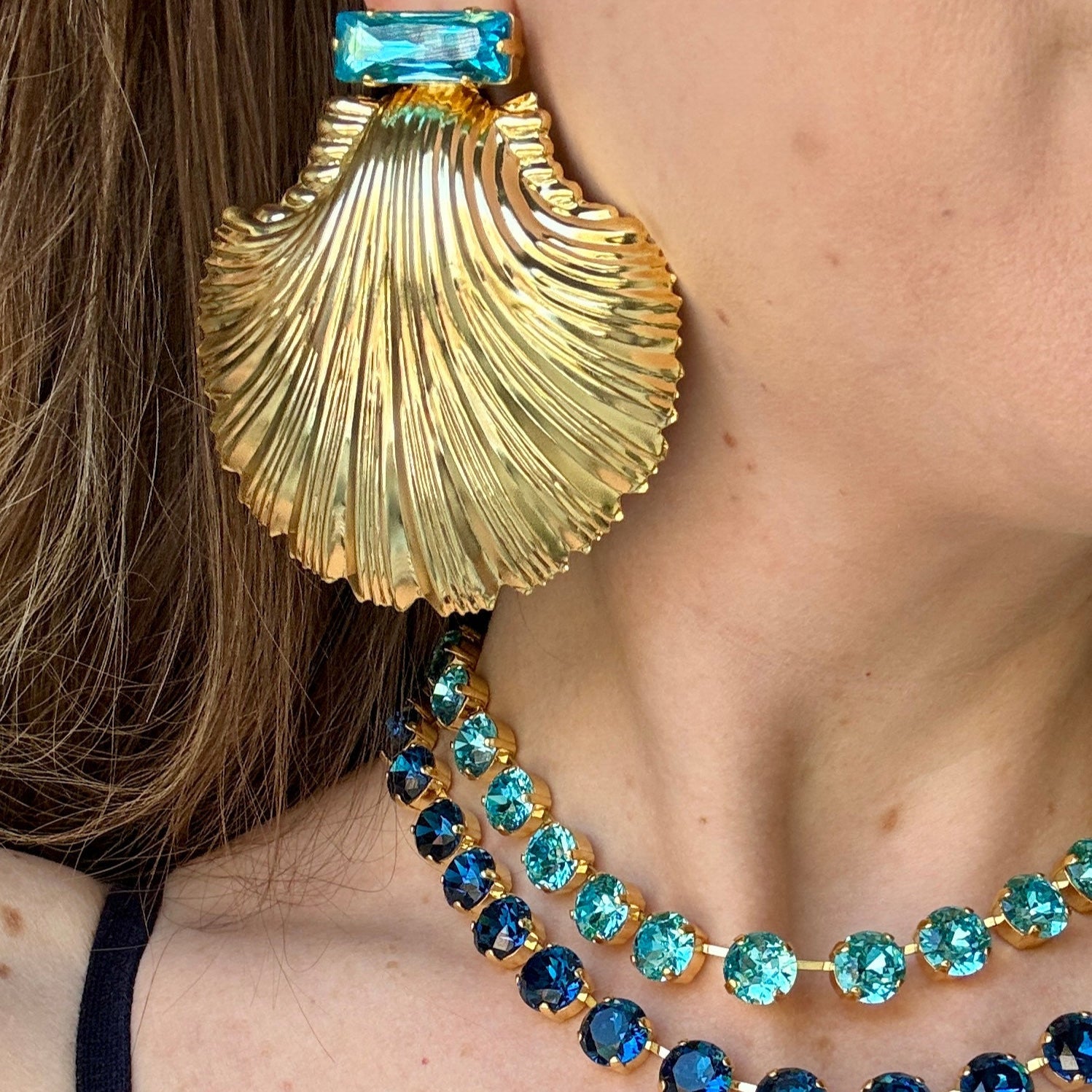 Ariel Shell Earrings Aqua or Clear Crystal