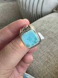 Larimar Square Ring with Celtic Knot Detail – Sterling Silver – Size 10 - Calming & Clear-Communication | Rings | Wiccan Center