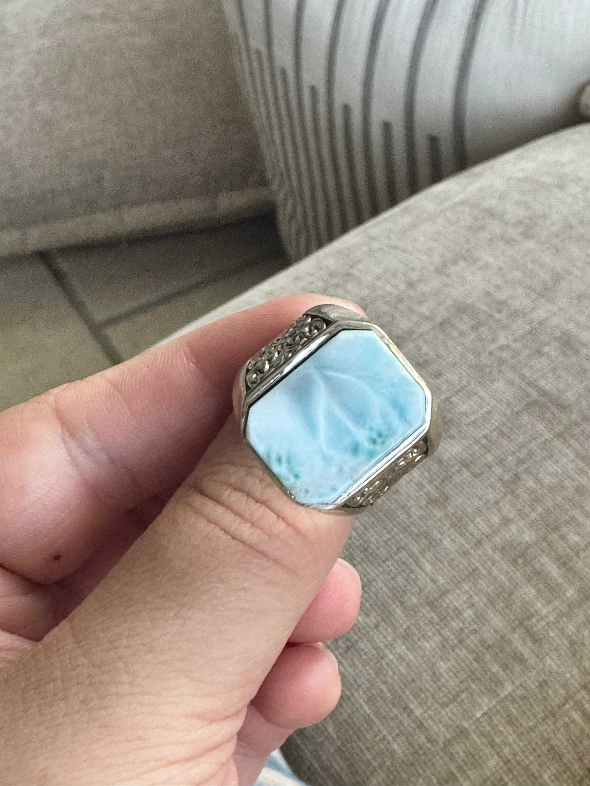 Larimar Square Ring with Gothic Engraved Detail – Sterling Silver – Size 10 - Calming & Clear-Communication | Rings | Wiccan Center