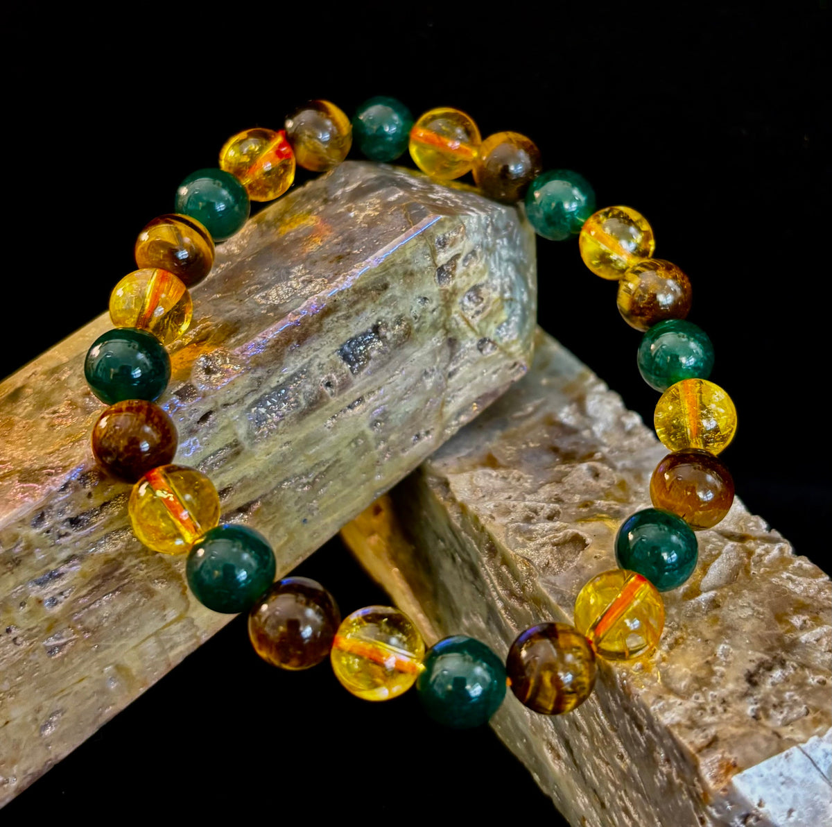 Good Fortune: Tiger’s Eye, Dark Green Jade & Citrine Abundance Stretch Bracelet | | Wiccan Center