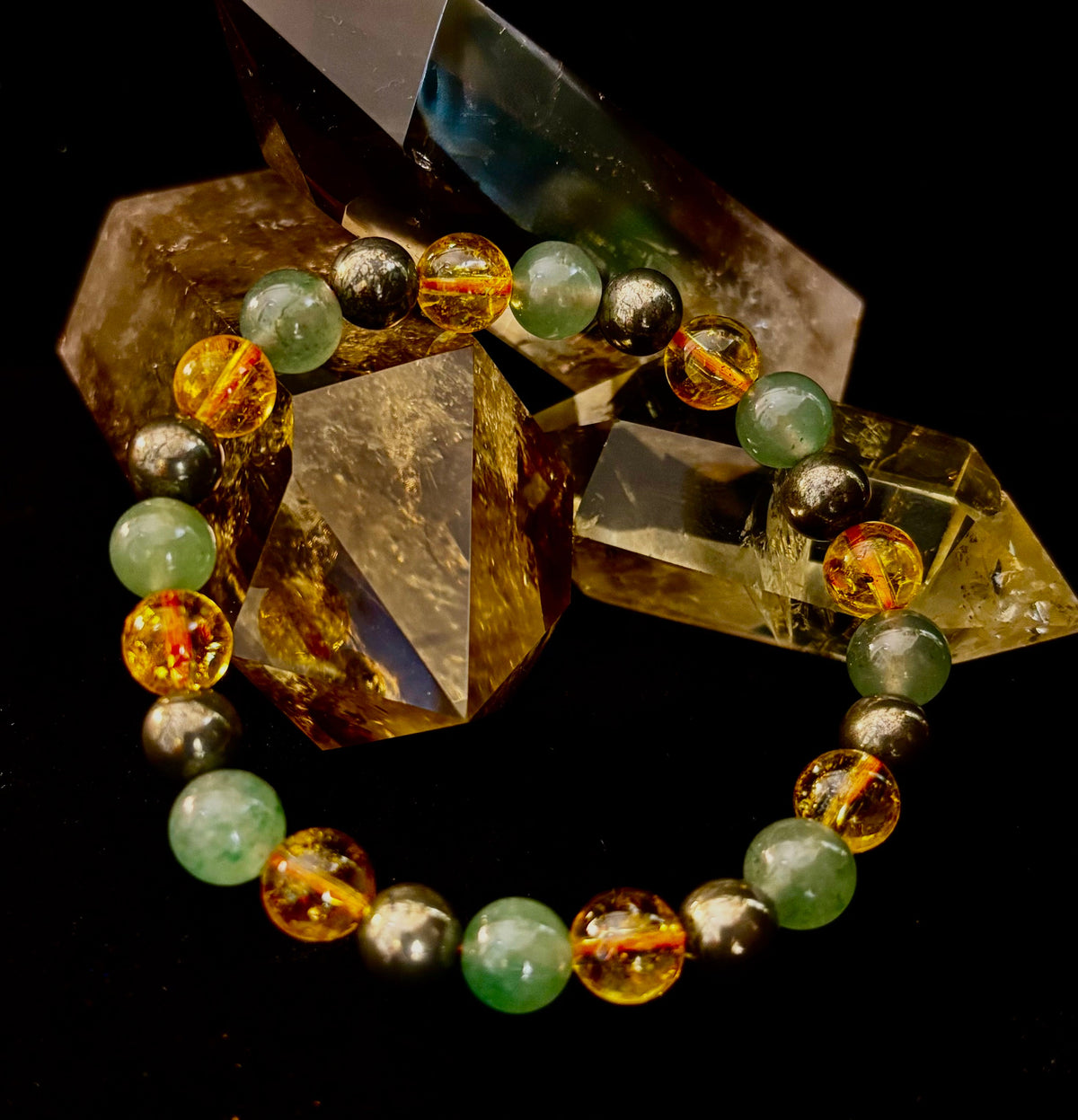Peak Catalyst: Citrine, Pyrite & Green Aventurine Goal Success Stretch Bracelet | | Wiccan Center