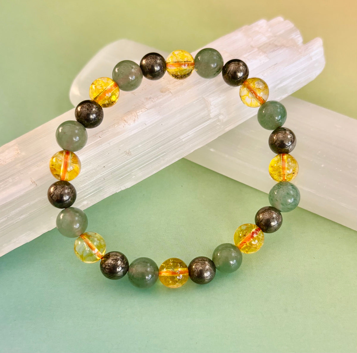 Peak Catalyst: Citrine, Pyrite & Green Aventurine Goal Success Stretch Bracelet | | Wiccan Center