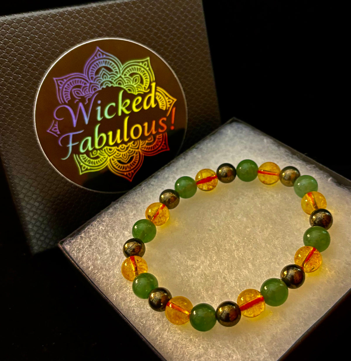 Peak Catalyst: Citrine, Pyrite & Green Aventurine Goal Success Stretch Bracelet | | Wiccan Center
