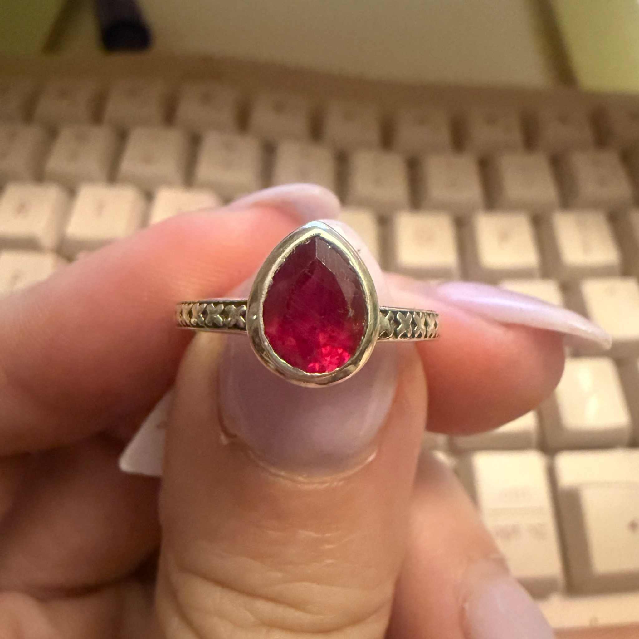 Ruby Teardrop Ring – Sterling Silver with Engraved Band | Rings | Wiccan Center
