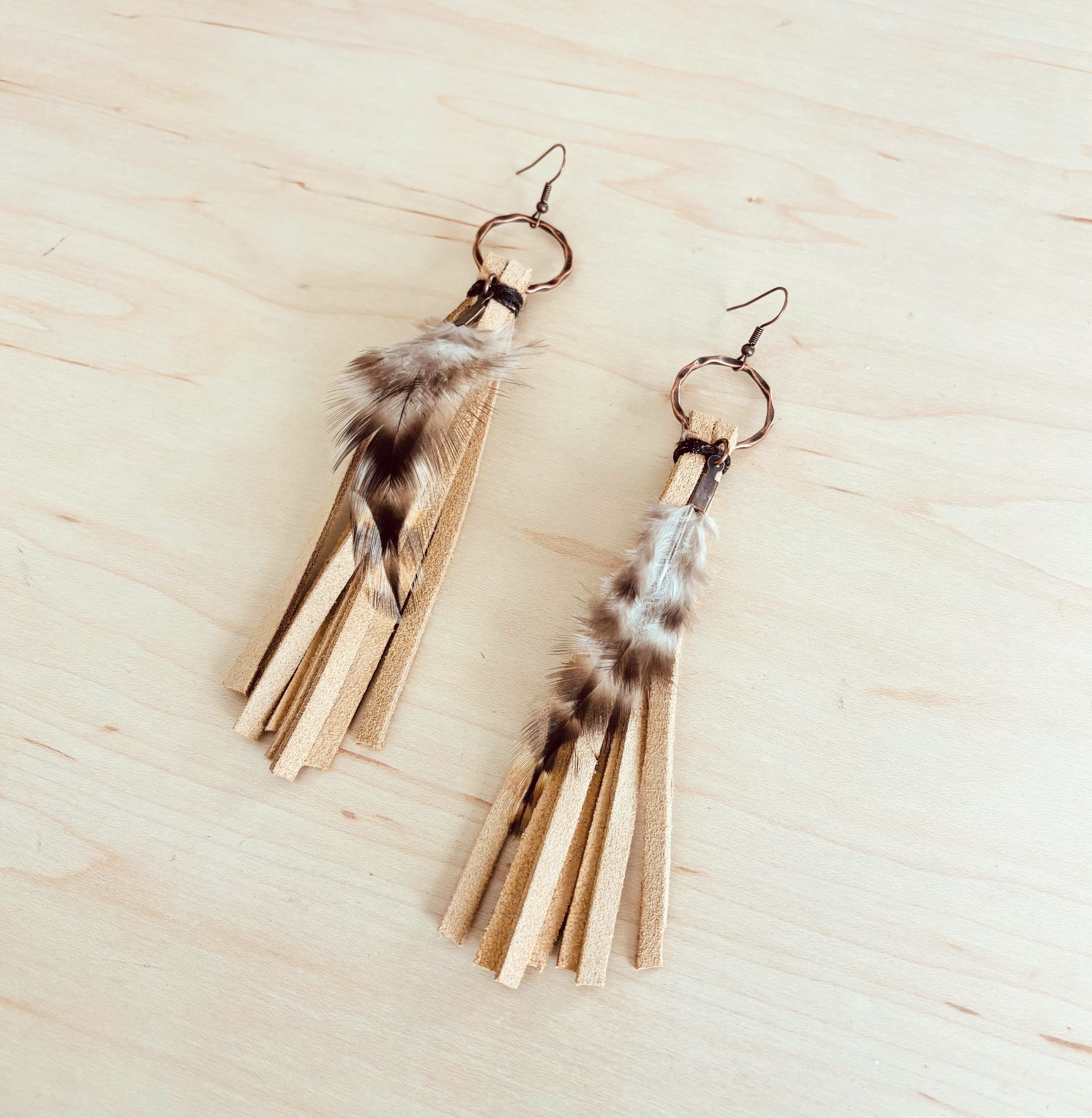 Boho Bone Deer Skin Leather Tassel Earring-Black & White Feather 217d | Earrings | Wiccan Center