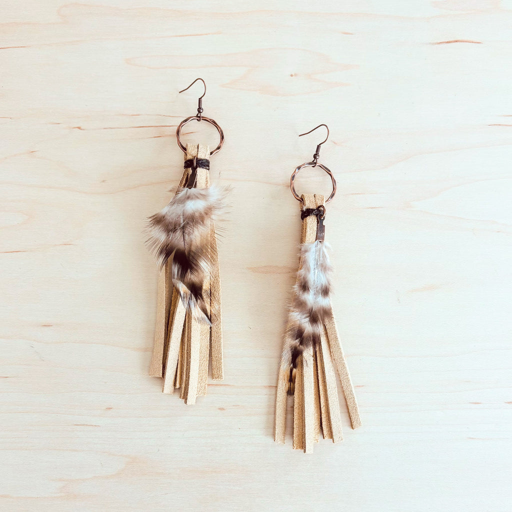 Boho Bone Deer Skin Leather Tassel Earring-Black & White Feather 217d | Earrings | Wiccan Center