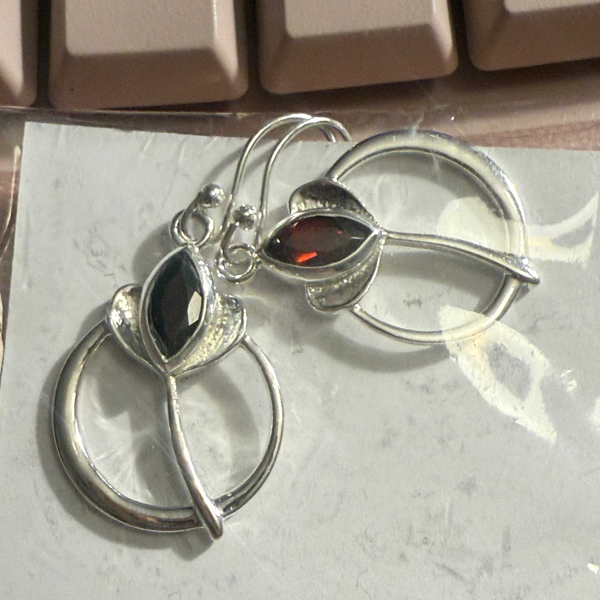 Leaf & Circle Garnet Earrings in Sterling Silver | Earrings | Wiccan Center