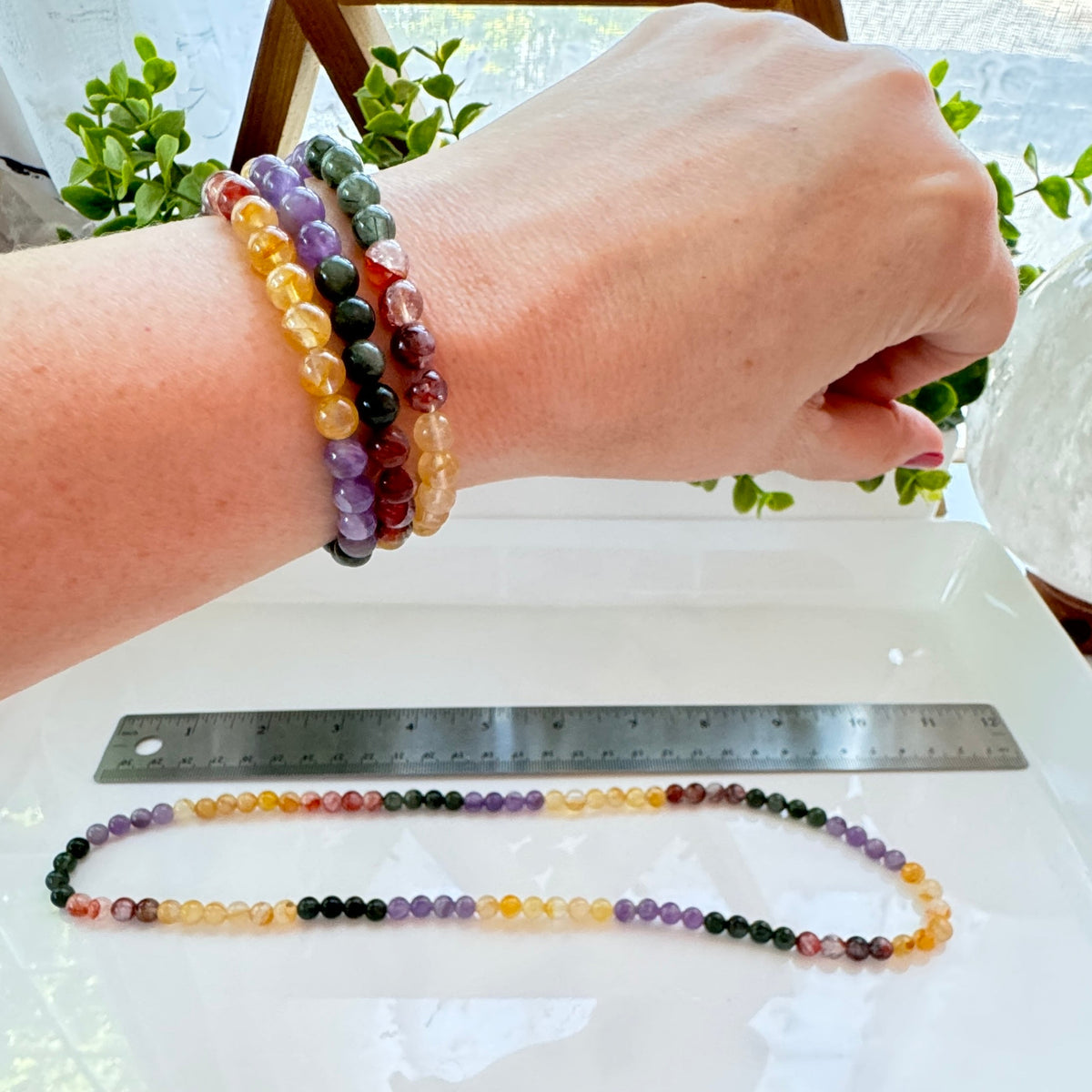 Triple Wrap Bracelet Mix: Amethyst, Moss Agate, Golden Healer, Fire Quartz, 7 mm Bracelet or Stretchy Necklace