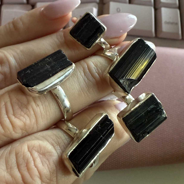 Black Tourmaline Sterling Silver Ring – Natural Protection Crystal Jewelry (Sizes 6–9) | Rings | Wiccan Center