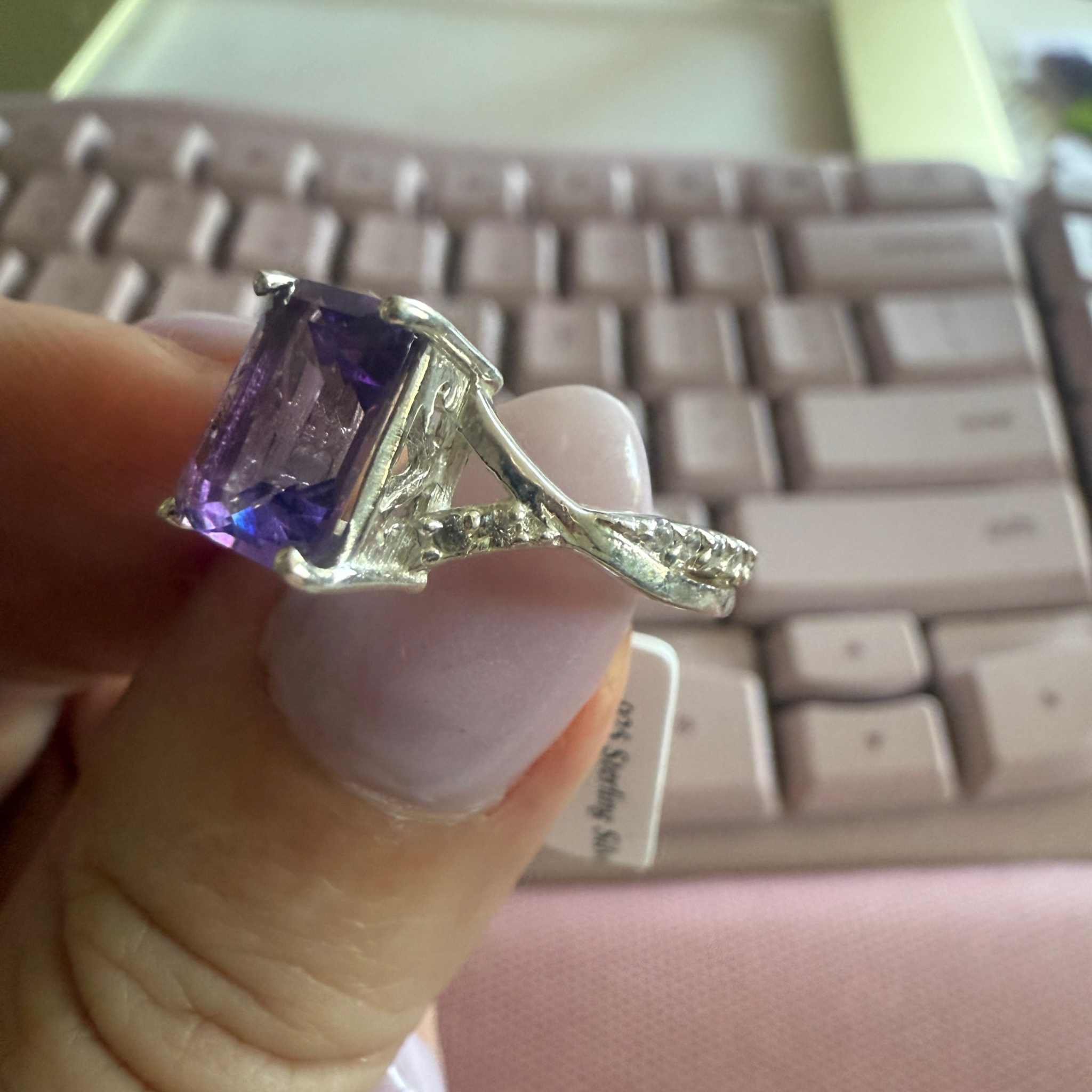 Sterling Silver Emerald-Cut Amethyst Ring – Twisted Diamond Band – Size 5 – Calm, Clarity & Spiritual Elegance | Rings | Wiccan Center