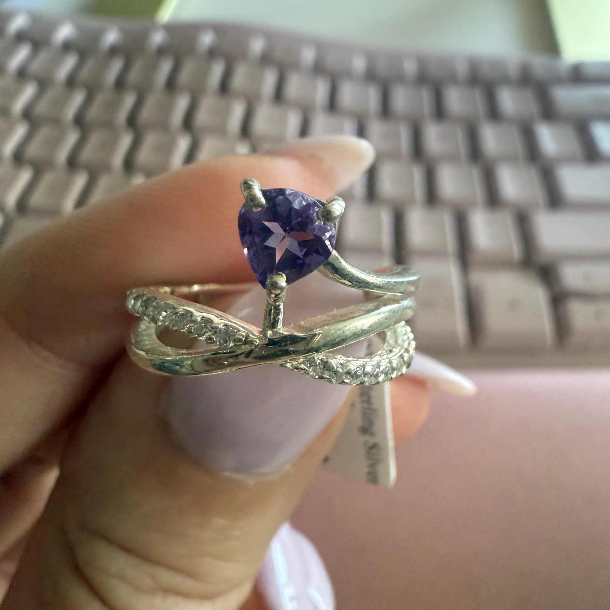 Sterling Silver Heart-Cut Amethyst Ring – Crisscross Diamond Band – Sizes 5 & 10 – Self-Love, Intuition & Emotional Harmony | Rings | Wiccan Center