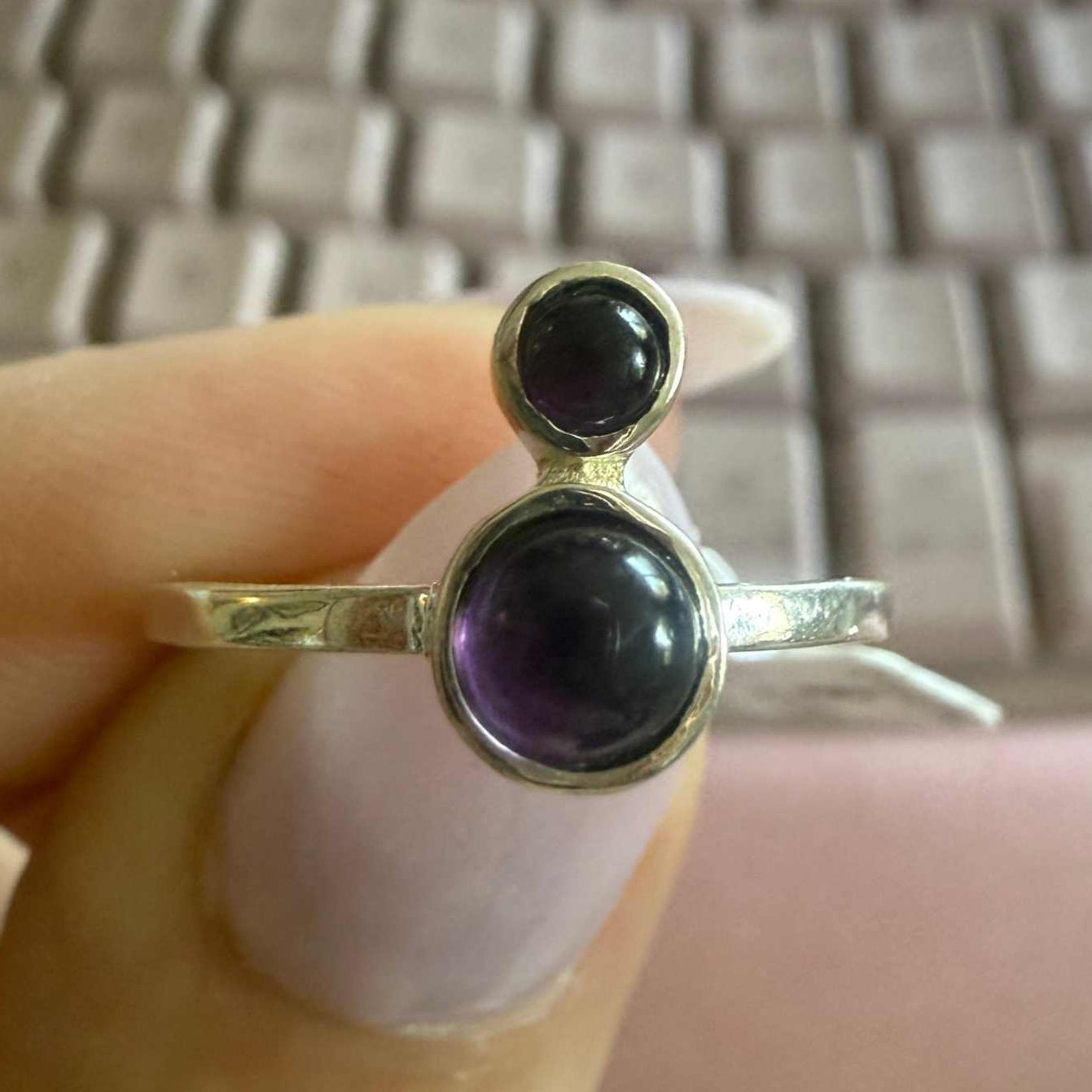 Sterling Silver Double Amethyst Cabochon Ring – Sizes 5, 8 & 9 – Intuition, Balance & Spiritual Protection | Rings | Wiccan Center