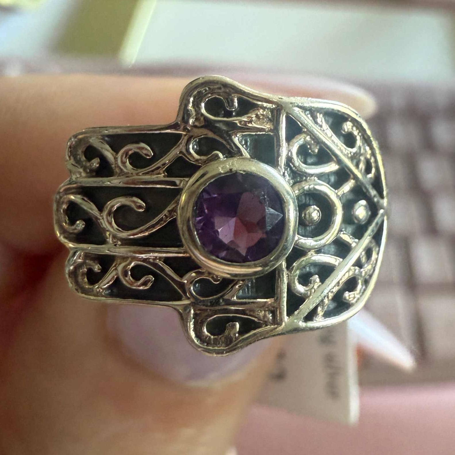 Sterling Silver Hamsa Amethyst Ring – Sizes 7 & 9 – Protection, Intuition & Sacred Guidance | Rings | Wiccan Center
